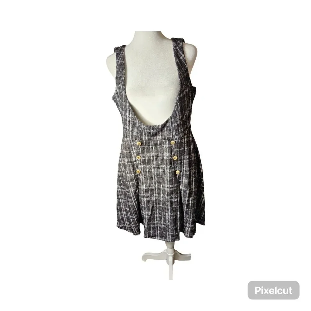 Size Medium Allegra K Women's U Neck Plaid Tweed Mini length Pinafore Dress - Picture 2 of 12